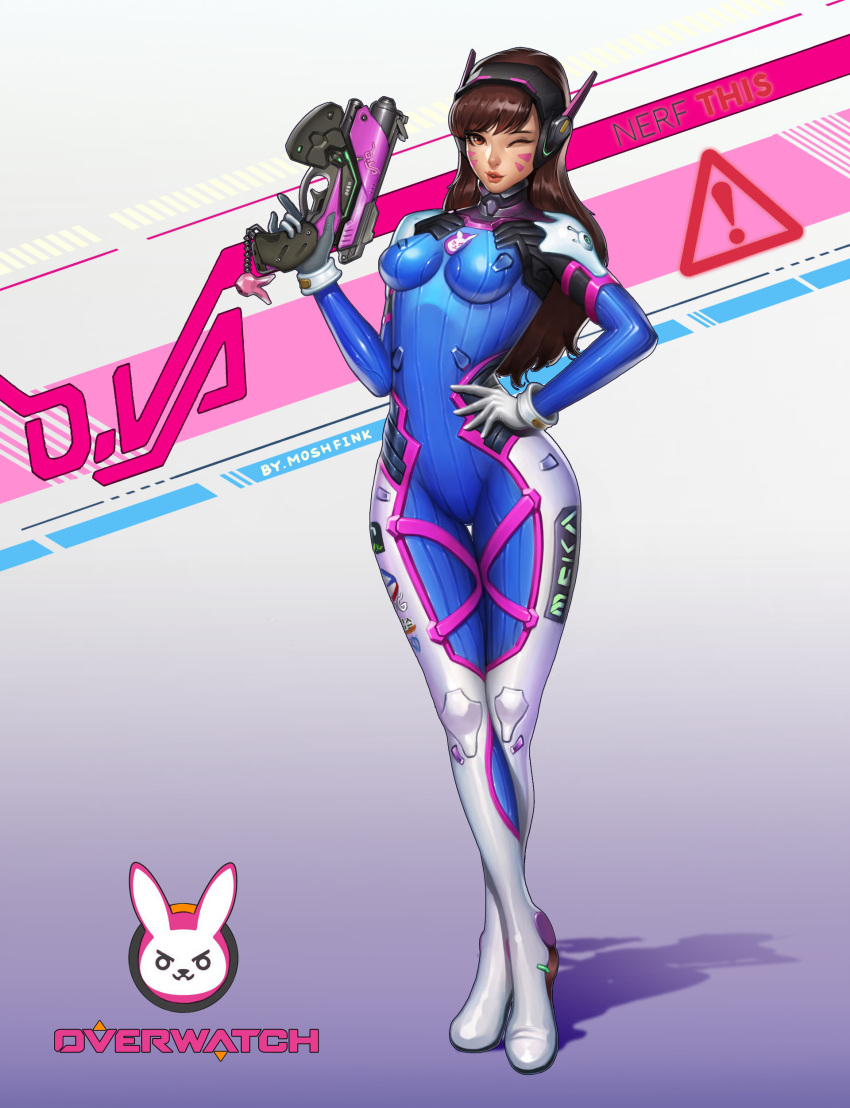 1girl ;) absurdres acronym artist_name bangs bodysuit boots bracer breasts breasts_apart brown_eyes brown_hair bunny_print character_name charm_(object) copyright_name crossed_legs d.va_(overwatch) emblem facepaint facial_mark full_body gloves gun hand_on_hip hand_up handgun headphones highres holding holding_gun holding_weapon legs_together lips lipstick logo long_hair long_sleeves makeup medium_breasts mosh_fink one_eye_closed overwatch pauldrons pilot_suit pink_lips pink_lipstick ribbed_bodysuit shoulder_pads skin_tight smile solo standing thigh-highs thigh_boots thigh_gap thigh_strap turtleneck weapon whisker_markings white_boots white_gloves
