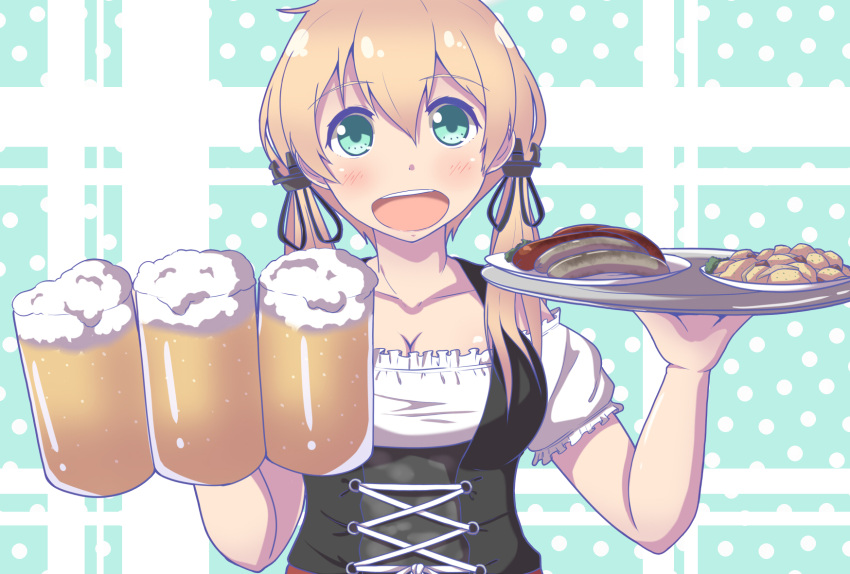 1girl :d alcohol alternate_costume anchor_hair_ornament aqua_eyes beer beer_mug breasts carrying cleavage collarbone commentary_request dirndl german_clothes germany hair_ornament highres kantai_collection light_brown_hair long_hair looking_at_viewer open_mouth potato prinz_eugen_(kantai_collection) sausage smile solo twintails yukimi_unagi zanshomimai