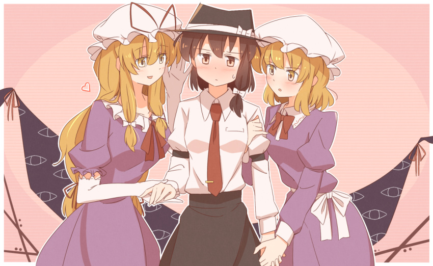 3girls :d :o armband black_hat black_skirt blonde_hair blush bow braid brown_eyes brown_hair check_commentary collar collared_shirt commentary commentary_request dress elbow_gloves fedora frilled_collar frilled_sleeves frills gap girl_sandwich gloves hair_bow hat hat_bow hat_ribbon heart holding_arm holding_hands juliet_sleeves long_hair long_sleeves maribel_hearn mob_cap multiple_girls necktie open_mouth pink_background puffy_sleeves purple_dress red_bow red_necktie red_ribbon ribbon sandwiched shirt short_hair short_sleeves single_braid skirt smile sweat touhou twintails unagi_sango usami_renko white_bow white_gloves white_hat white_ribbon white_shirt yakumo_yukari yellow_eyes yuri