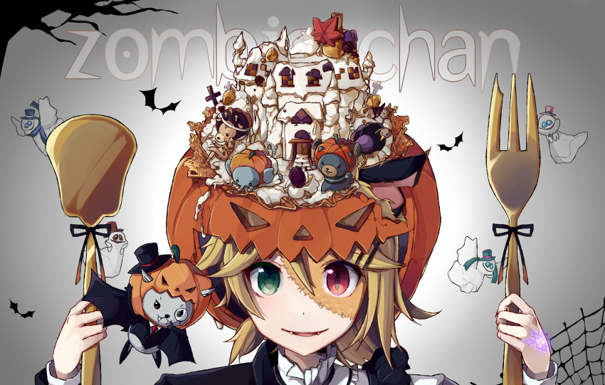 1boy 1girl animal_ears aqua_eyes aqua_hair aqua_hat bat blonde_hair blue_eyes blue_hat blue_scarf brown_eyes brown_hat building closed_mouth fangs fusion ghost green_eyes hair_ornament hairclip hat helmet heterochromia highres holding_fork jack-o'-lantern kagamine_len kagamine_rin looking_at_viewer mini_hat mini_top_hat monocle necktie nou oversized_object parted_lips pink_hat portrait red_eyes red_necktie scarf slit_pupils smile stuffed_animal stuffed_toy teddy_bear top_hat twintails vocaloid