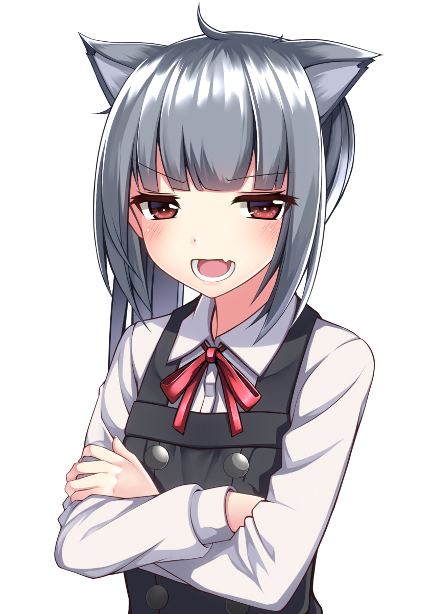 1girl animal_ears bangs blouse blunt_bangs brown_eyes cat_ears commentary_request crossed_arms dress eyebrows eyebrows_visible_through_hair fang grey_hair highres kantai_collection kasumi_(kantai_collection) kemonomimi_mode open_mouth pinafore_dress remodel_(kantai_collection) ribbon side_ponytail sidelocks sketch solo sweatdrop takamiya_nao upper_body white_background