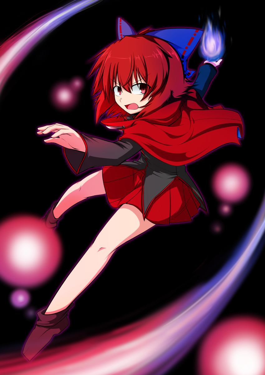 &gt;:o 1girl :o bare_legs black_shirt bow cape commentary_request fire full_body hair_bow high_collar highres katsumi5o long_sleeves looking_at_viewer miniskirt open_mouth pleated_skirt purple_bow red_eyes red_skirt redhead sekibanki shirt short_hair skirt solo touhou