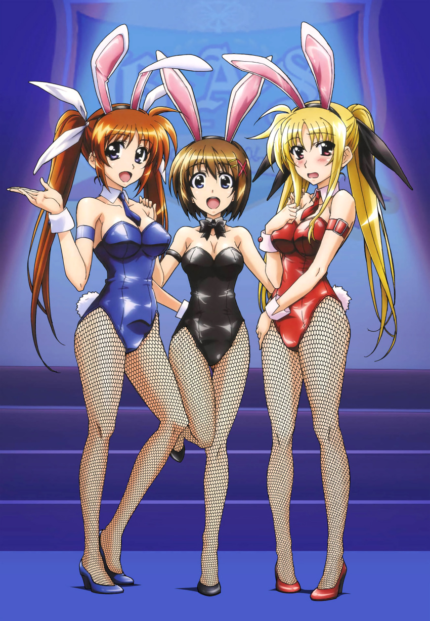 3girls animal_ears arm_strap artist_request bare_shoulders blonde_hair blue_eyes blush bow bowtie breasts brown_hair bunny_girl bunny_tail bunnysuit cleavage detached_collar fake_animal_ears fate_testarossa female fishnet_pantyhose fishnets hand_on_another's_hip hand_on_another's_shoulder hand_on_hip high_heels highres leotard long_hair lyrical_nanoha mahou_shoujo_lyrical_nanoha_strikers multiple_girls necktie open_mouth pantyhose rabbit_ears redhead short_hair source_request tail takamachi_nanoha twintails wrist_cuffs yagami_hayate
