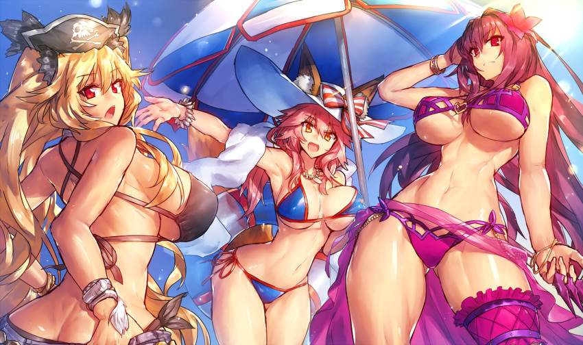 3girls :d animal_ears anne_bonny_(fate/grand_order) armpits beach_umbrella bikini black_bikini blonde_hair blue_bikini bow bracelet breasts butt_crack caster_(fate/extra) cleavage commentary_request cowboy_shot fate/grand_order fate_(series) flower fox_ears fox_girl fox_tail groin hair_flower hair_ornament hat hat_bow highres innertube jewelry large_breasts long_hair looking_at_viewer melon22 multiple_girls navel necklace open_mouth pink_hair pirate_hat purple_bikini purple_hair red_eyes sarong scathach_(fate/grand_order) side-tie_bikini sideboob skull_and_crossbones smile striped striped_bow swimsuit tail thick_thighs thighs twintails umbrella under_boob very_long_hair white_hat yellow_eyes