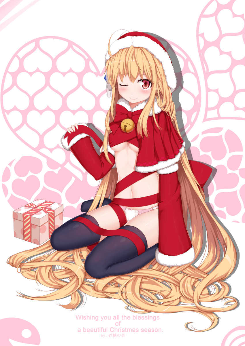 1girl ;) ;d absurdly_long_hair absurdres ahoge blonde_hair bow bowtie box breasts capelet commentary_request detached_sleeves gift gift_box hat highres holding long_hair looking_at_viewer navel one_eye_closed open_mouth original panties red_eyes ribbon santa_hat sitting smile solo sugar_sound under_boob underwear very_long_hair wariza