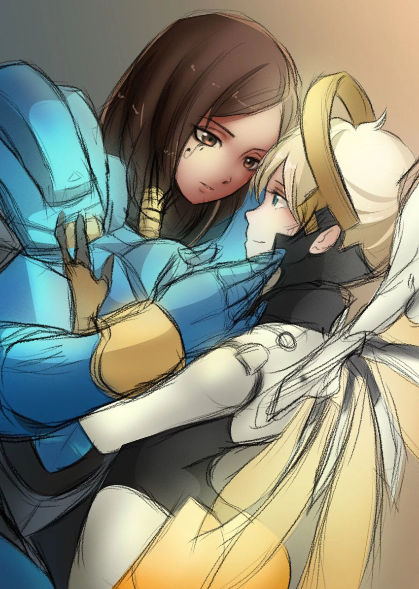 2girls black_hair blonde_hair blue_eyes bodysuit brown_background brown_eyes dark_skin eye_of_horus face-to-face facial_mark facial_tattoo gloves gradient gradient_background grey_background hair_tubes hand_on_another's_chest hand_on_another's_face high_ponytail highres kita-kun looking_at_another mechanical_halo mechanical_wings mercy_(overwatch) multiple_girls overwatch pharah_(overwatch) side_braids sketch tattoo upper_body wings yellow_wings yuri