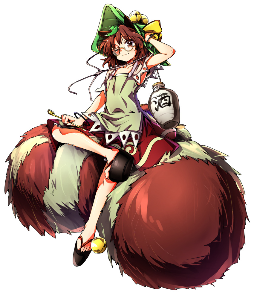 1girl ;3 adjusting_clothes adjusting_hat animal_ears arm_up armpits baba_(baba_seimaijo) bare_shoulders bell blush bracelet brown_skirt chemise collarbone commentary_request detached_sleeves flat_chest full_body futatsuiwa_mamizou glasses gourd green_hat hat hat_ribbon highres holding_pipe jewelry jingle_bell kiseru leaf leaf_on_head looking_at_viewer pipe raccoon_ears raccoon_tail ribbon sandals semi-rimless_glasses short_hair short_sleeves sitting_on_tail skirt smile solo tail touhou under-rim_glasses white-framed_eyewear white_background yellow_ribbon