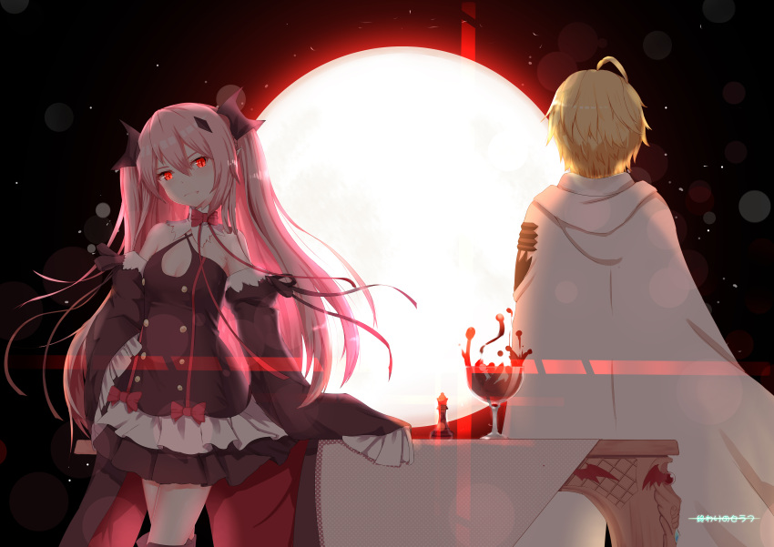 1boy 1girl absurdres ahoge blonde_hair blood cape chess_piece commentary_request detached_sleeves grail hair_ornament highres hyakuya_mikaela krul_tepes long_hair owari_no_seraph pink_hair pleated_skirt red_eyes skirt slit_pupils sugar_sound two_side_up