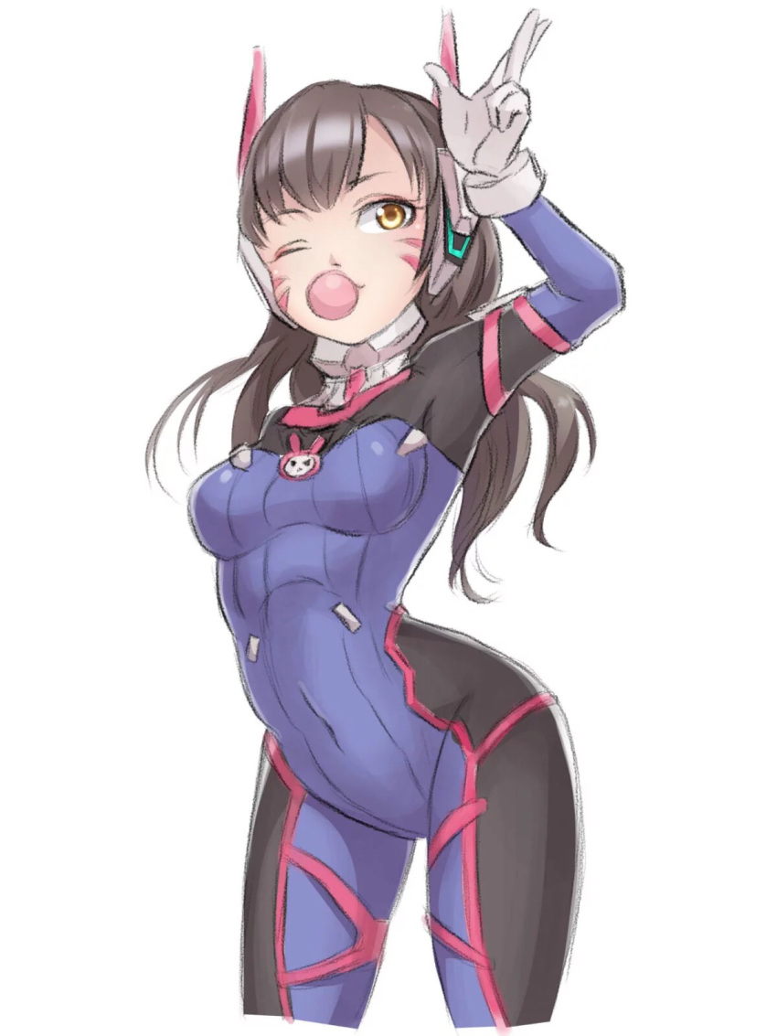1girl arm_behind_back bangs bodysuit boots bracer breasts breasts_apart brown_eyes brown_hair bubble_blowing bubblegum bunny_print covered_navel cowboy_shot d.va_(overwatch) facepaint facial_mark gloves gum hand_up headphones highres kita-kun long_hair long_sleeves medium_breasts one_eye_closed overwatch pauldrons pilot_suit ribbed_bodysuit salute shoulder_pads simple_background skin_tight smile solo thigh-highs thigh_boots thigh_strap turtleneck whisker_markings white_background white_boots white_gloves