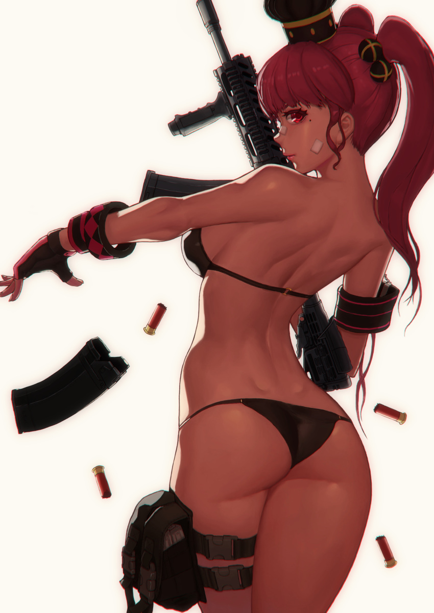 1girl absurdres ass assault_rifle bandage_on_face bikini bypos casing_ejection fingerless_gloves gloves gun hair_bobbles hair_ornament hat highres looking_back mole mole_under_eye original pink_eyes pink_hair rifle shell_casing solo standing swimsuit twintails weapon