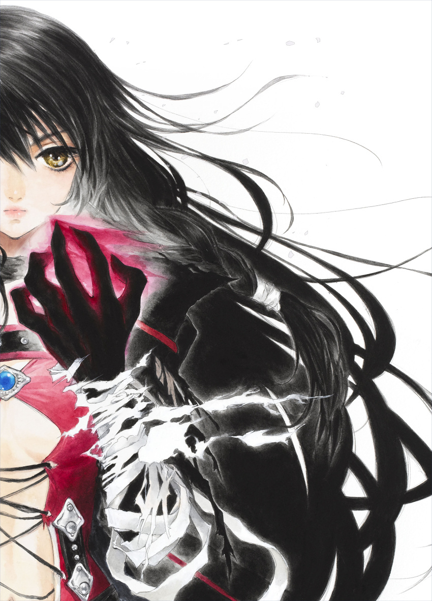 1girl absurdres bandages black_hair highres inomata_mutsumi long_hair official_art solo tales_of_(series) tales_of_berseria torn_clothes velvet_crowe yellow_eyes
