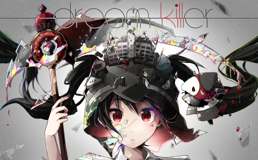 1girl black_hair blood closed_mouth collared_shirt demon_wings desk english frown glass_shards hatsune_miku helmet highres holding horns long_hair looking_at_viewer nou pillow pillow_hug portrait red_eyes school school_desk scythe shirt song_name twintails vocaloid white_shirt wing_collar wings
