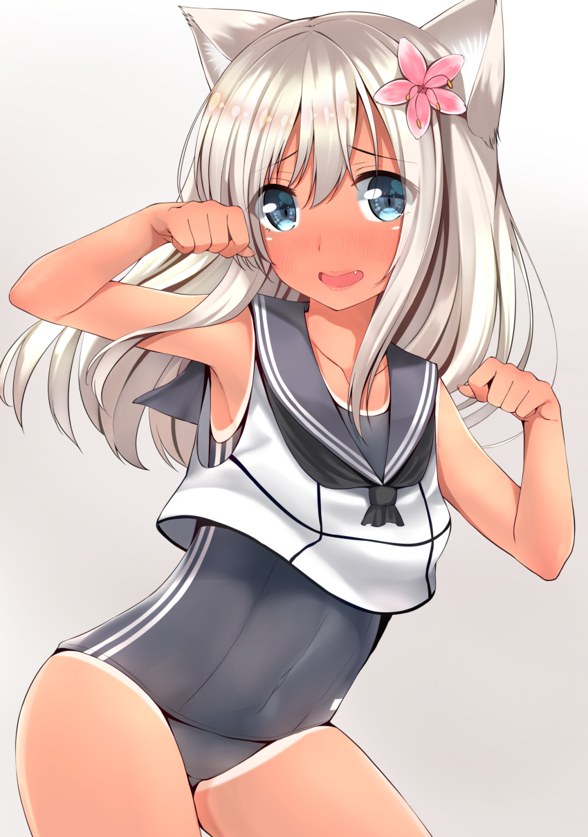1girl absurdres animal_ears blonde_hair blue_eyes blush cat_ears collarbone cowboy_shot crop_top fang flat_chest flower go-1 grey_background hair_flower hair_ornament highres kantai_collection kemonomimi_mode lips long_hair looking_at_viewer nose_blush one-piece_swimsuit open_mouth paw_pose ro-500_(kantai_collection) school_swimsuit school_uniform serafuku simple_background solo swimsuit swimsuit_under_clothes tan tanline