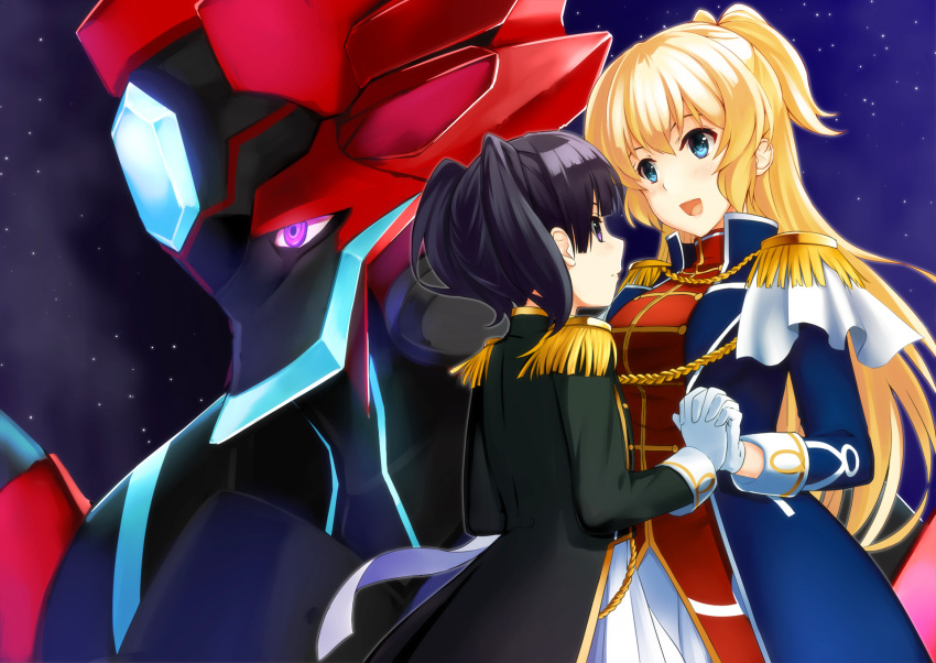 2girls aiguillette alecto_(regalia) black_hair blonde_hair blue_eyes blush commentary_request epaulettes gloves highres holding_hands long_hair looking_at_another mecha military military_uniform mizuki_(mizuki_ame) multiple_girls open_mouth outline pleated_skirt regalia_the_three_sacred_stars rena_asteria siblings sisters skirt sky star_(sky) starry_sky twintails uniform violet_eyes white_gloves yuinshiel_asteria yuri