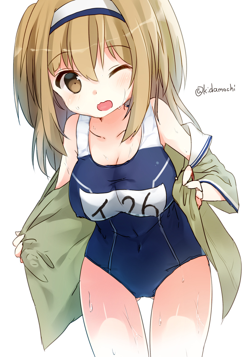 1girl absurdres ass_visible_through_thighs blush breasts hairband highres i-26_(kantai_collection) kantai_collection kida_mochi large_breasts light_brown_eyes light_brown_hair long_hair name_tag new_school_swimsuit one_eye_closed open_clothes open_mouth sailor_collar school_swimsuit short_sleeves solo swimsuit swimsuit_under_clothes twitter_username two_side_up wet wet_clothes wet_swimsuit