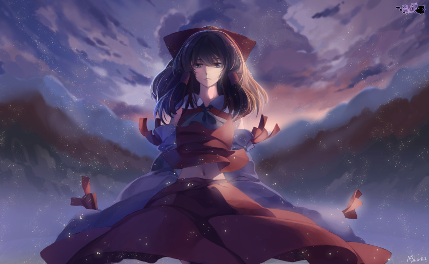 1girl bare_shoulders bow brown_hair clouds detached_sleeves frown grey_eyes hair_bow hair_tubes hakurei_reimu highres japanese_clothes miko navel sky solo star_(sky) starry_sky sunset touhou touhou_enkyou_ningyou