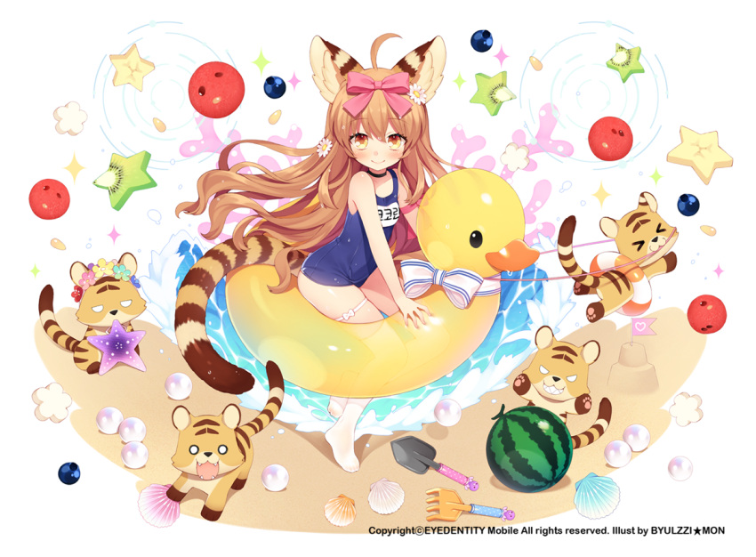 1girl ahoge animal_ears beach brown_eyes brown_hair byulzzimon character_request chibi fangs flower food fruit hair_flower hair_ornament innertube long_hair one-piece_swimsuit ribbon sand_castle sand_sculpture school_swimsuit seashell see-through shell smile swimsuit tail thigh-highs tiger tiger_ears water watermelon white_legwear