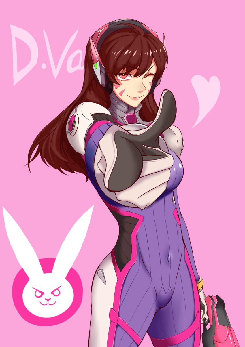 &gt;;) 1girl absurdres bangs bodysuit breasts brown_hair character_name commentary_request covered_navel cowboy_shot d.va_(overwatch) energy_gun facepaint facial_mark finger_gun foreshortening gloves gun headphones highres holding holding_gun holding_weapon long_hair looking_at_viewer medium_breasts meka_(overwatch) murasaki_tachi overwatch pilot_suit pink_background pointing pointing_at_viewer red_eyes solo swept_bangs weapon whisker_markings white_gloves