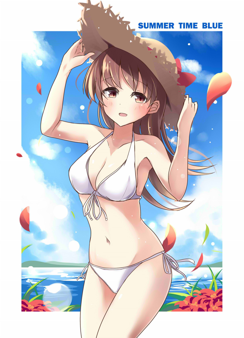 1girl arms_up bare_shoulders bikini blue_sky blush breasts brown_eyes brown_hair clouds collarbone flower hands_on_headwear hat highres kantai_collection large_breasts long_hair looking_at_viewer navel ooi_(kantai_collection) open_mouth petals side-tie_bikini sky smile solo soramuko sun_hat swimsuit water white_bikini