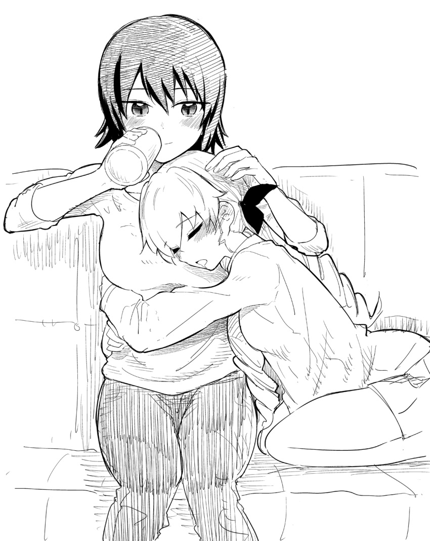 2girls anchovy bangs bare_legs blush braid breast_pillow breasts closed_eyes comic couch cup drinking drooling girls_und_panzer greyscale hair_ribbon hand_on_another's_head head_on_chest highres holding holding_cup hug long_hair monochrome multiple_girls nishizumi_maho open_mouth pants petting ribbon shirt short_hair sketch sleeping sleeping_on_person smile sweater twin_braids twintails yawaraka_black