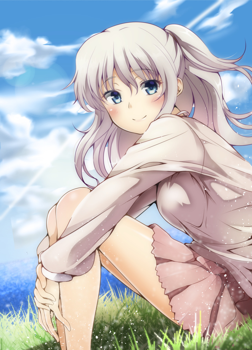1girl blue_eyes ca2la charlotte_(anime) clouds grass highres leg_hug long_hair silver_hair skirt smile solo tomori_nao twintails two_side_up