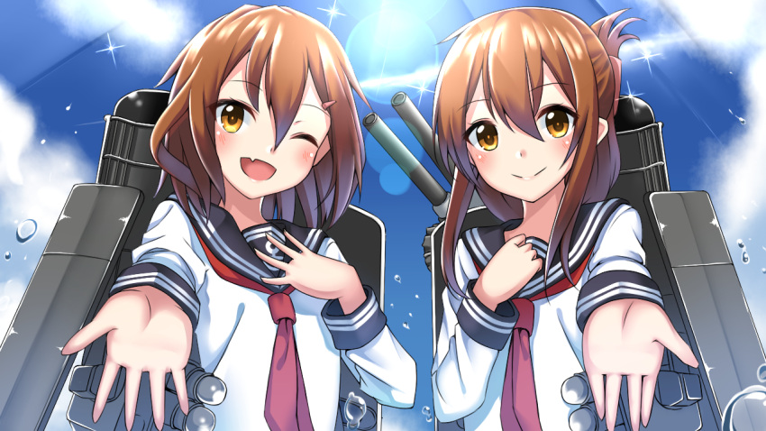 2girls ;d anchor_print bangs blue_sky brown_eyes brown_hair clouds commentary_request fang folded_ponytail hair_between_eyes hair_ornament hairclip hand_on_own_chest ikazuchi_(kantai_collection) inazuma_(kantai_collection) kantai_collection light_rays multiple_girls neckerchief one_eye_closed open_mouth outstretched_hand rigging school_uniform serafuku sky smile sparkle sunbeam sunlight takamiya_nao water_drop