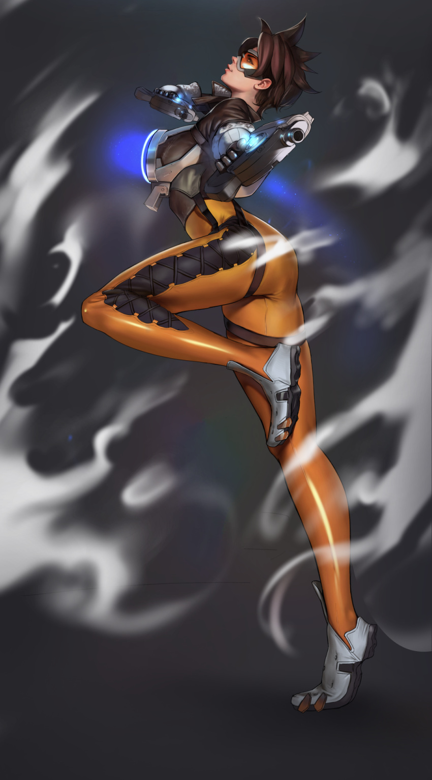 1girl ass bodysuit bomber_jacket brown_hair dual_wielding goggles highres jacket light_smile lips long_legs overwatch parted_lips short_hair since smoke solo spiky_hair thighs tracer_(overwatch)