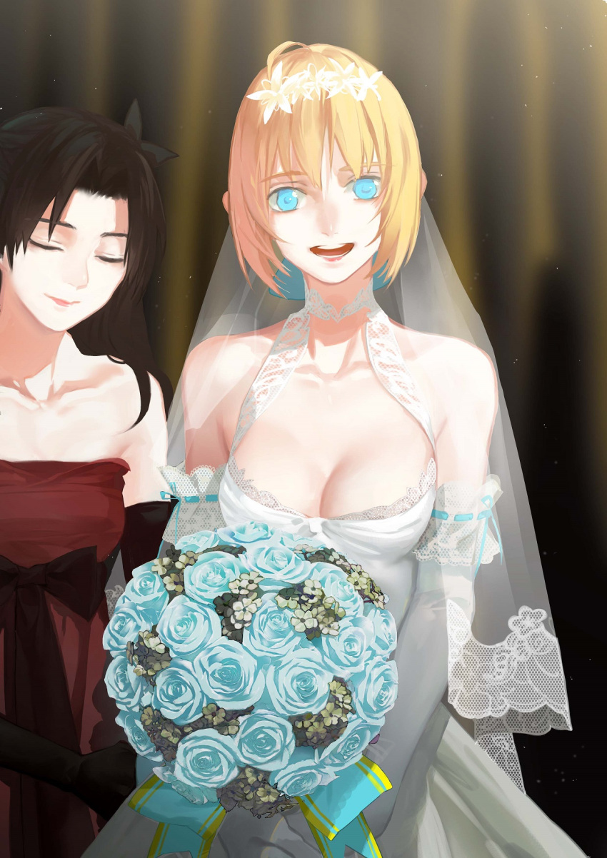 2girls ahoge blonde_hair blue_eyes blue_rose bouquet breasts bridal_veil bridesmaid cleavage closed_eyes dress elbow_gloves fate/stay_night fate_(series) flower gloves highres lace multiple_girls nao_(530116504) red_dress ribbon rose saber smile teeth toosaka_rin veil wedding_dress