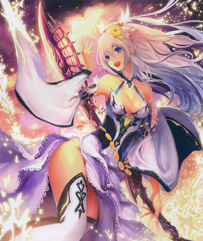 1girl absurdres blue_eyes boots breasts cleavage collarbone detached_sleeves dress flower hair_flower hair_ornament highres holding holding_sword holding_weapon huge_filesize long_hair medium_breasts open_mouth shingeki_no_bahamut silver_hair solo sword tachikawa_mushimaro thigh-highs thigh_boots weapon