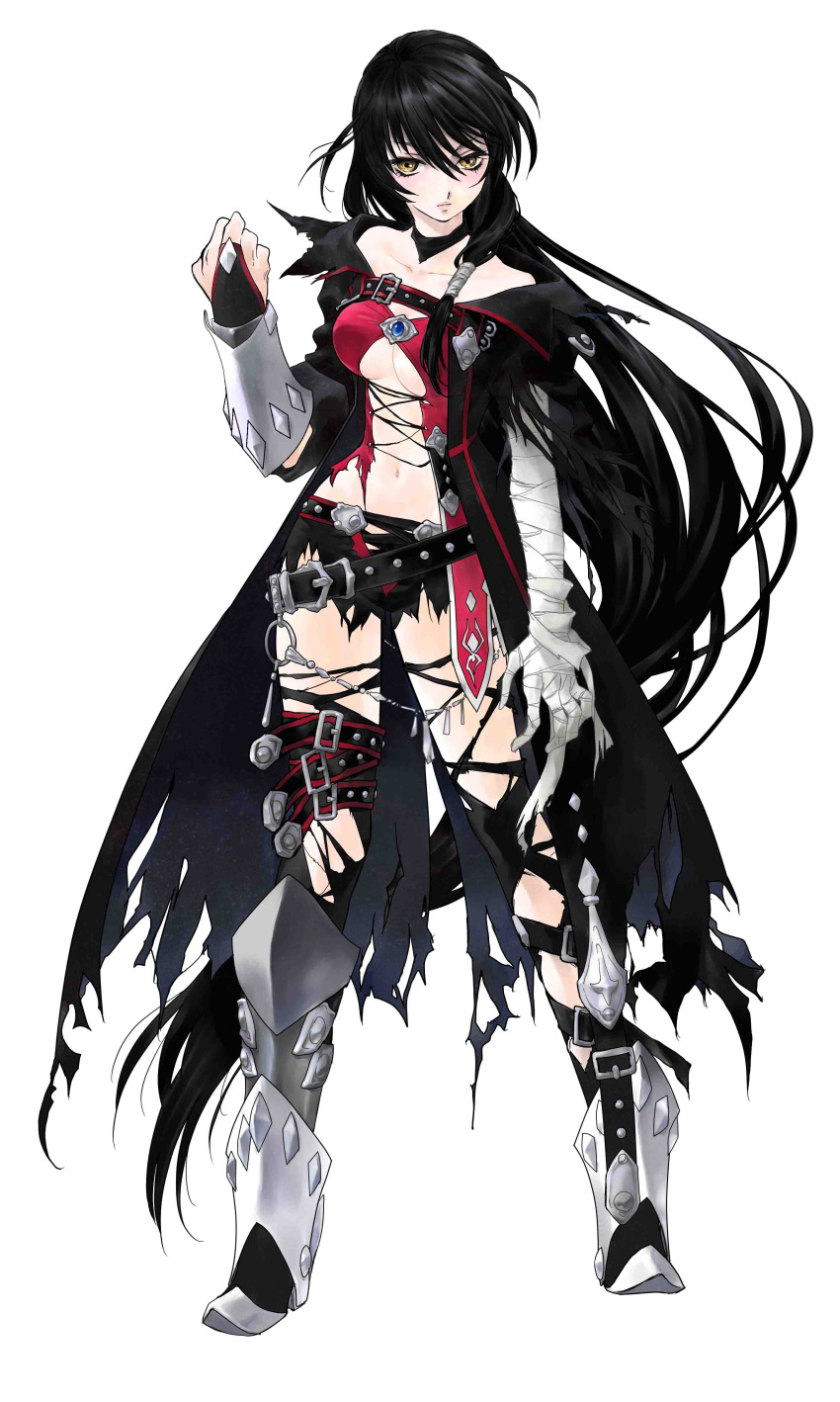 1girl absurdres bandages black_hair full_body highres inomata_mutsumi long_hair official_art solo tales_of_(series) tales_of_berseria torn_clothes velvet_crowe yellow_eyes