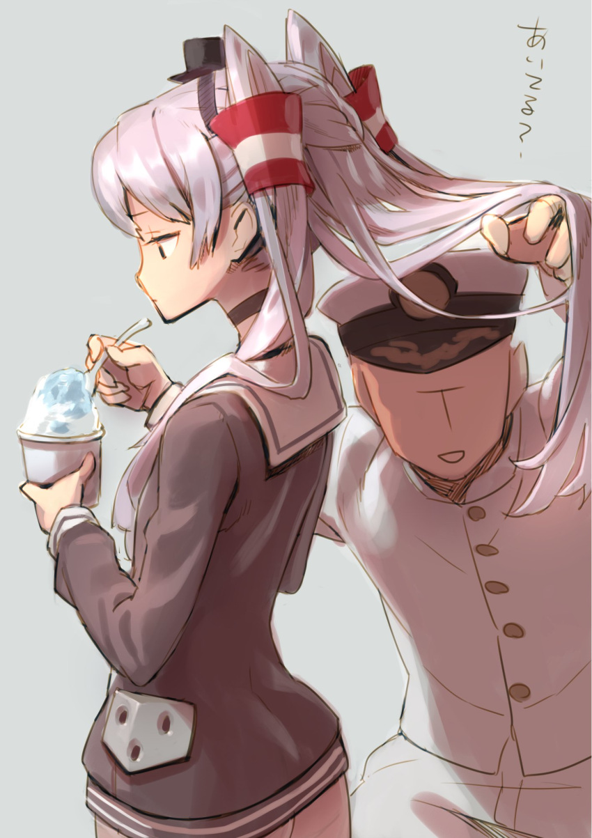 1boy 1girl :d admiral_(kantai_collection) amatsukaze_(kantai_collection) ass bangs brown_dress buttons choker cup dress faceless faceless_male gloves grey_background hair_lift hair_tubes hairband hat highres holding kantai_collection katahira_(hiyama) long_hair long_sleeves looking_at_viewer military military_hat military_uniform no_gloves open_mouth pants peaked_cap sailor_dress shaved_ice short_dress silver_hair simple_background smile spoon text translated two_side_up uniform white_gloves white_hat white_pants windsock