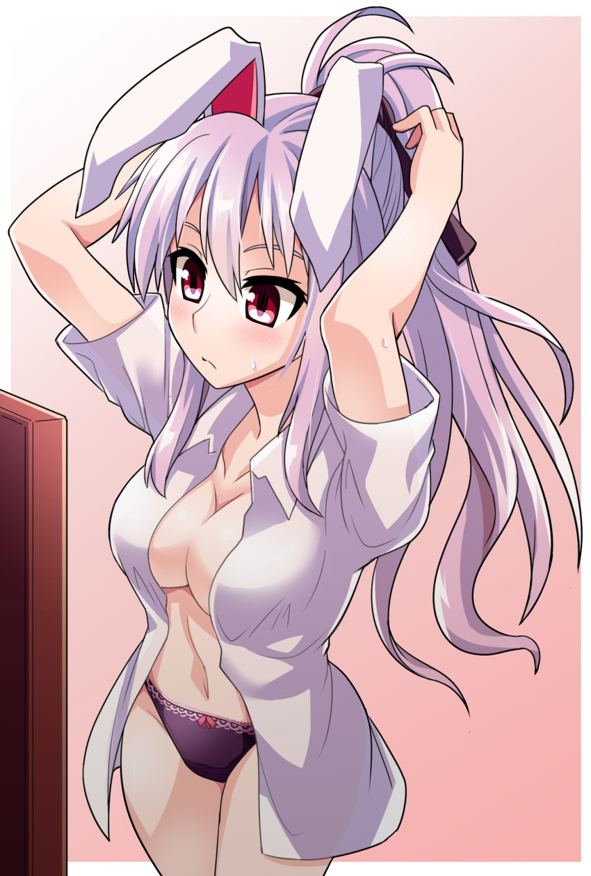 1girl :&lt; adjusting_hair animal_ears black_panties blush bow bow_panties breasts changing_clothes cleavage commentary curvy highres hips lace lace-trimmed_panties medium_breasts navel open_clothes open_shirt panties pink_hair ponytail purple_hair rabbit_ears red_eyes reisen_udongein_inaba see-through_silhouette shirt solo sweat tanakara thighs touhou underwear