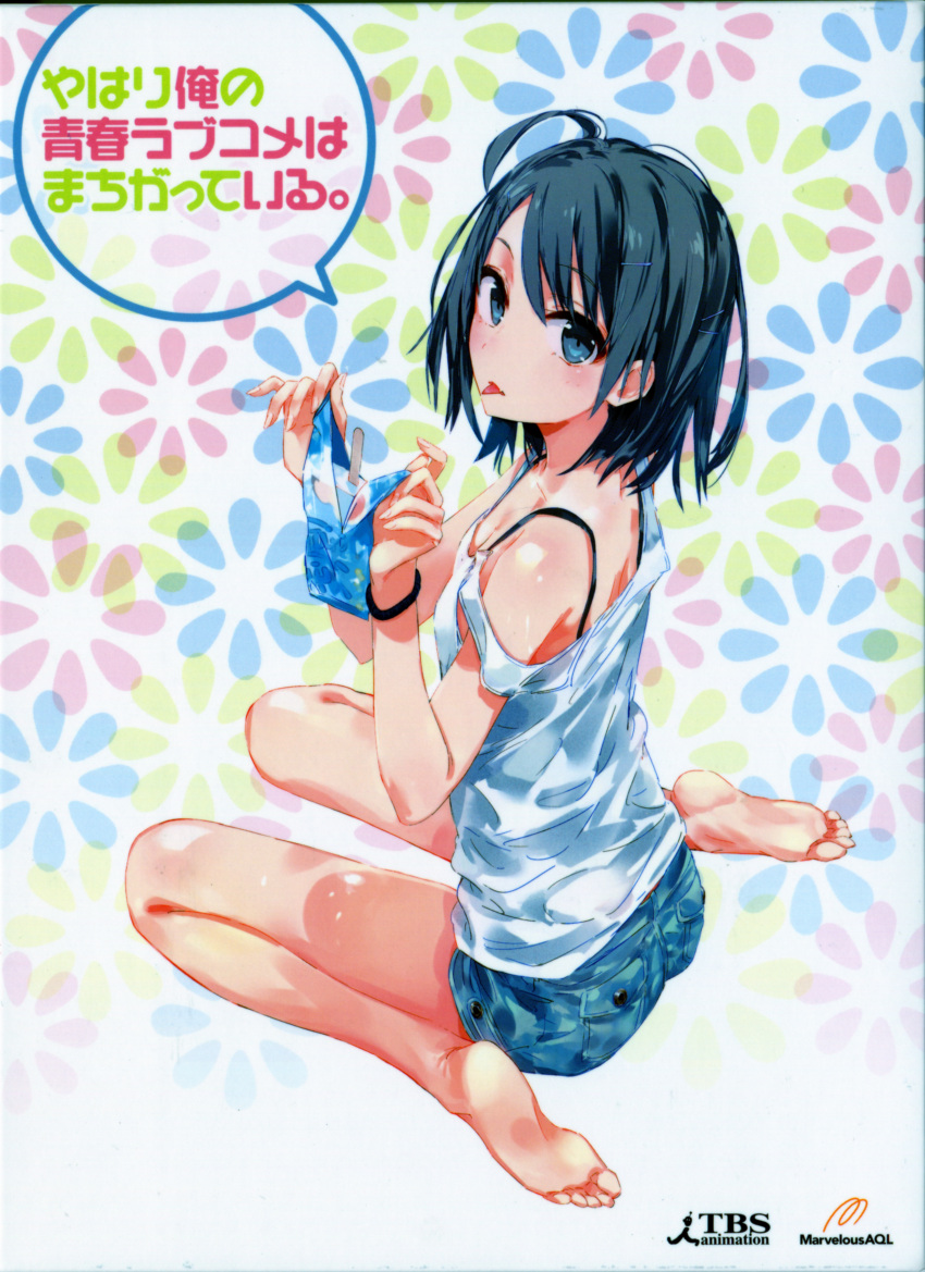 1girl absurdres barefoot black_bra black_hair blue_eyes bra breasts cleavage food highres hikigaya_komachi huge_filesize kneeling looking_at_viewer ponkan_8 popsicle shirt short_hair shorts small_breasts soles solo toes tongue tongue_out underwear wet wet_clothes wet_shirt white_shirt yahari_ore_no_seishun_lovecome_wa_machigatteiru.