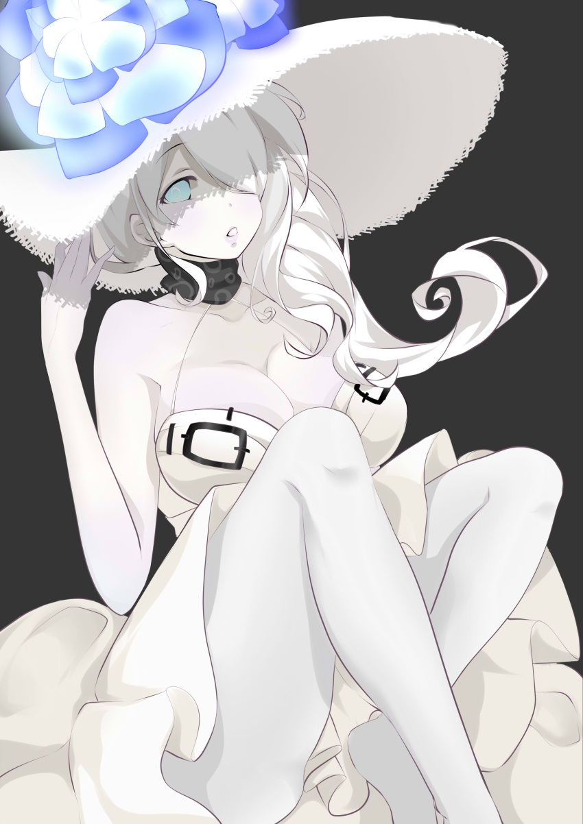 1girl absurdres bare_shoulders black_background blue_eyes breasts cleavage crossed_legs dress flower hair_over_one_eye hat hat_flower highres kantai_collection large_breasts lips long_hair looking_at_viewer seaport_summer_hime shinkaisei-kan sketch solo sun_hat sundress white_dress white_hair white_hat white_skin xinshijie_de_akalin