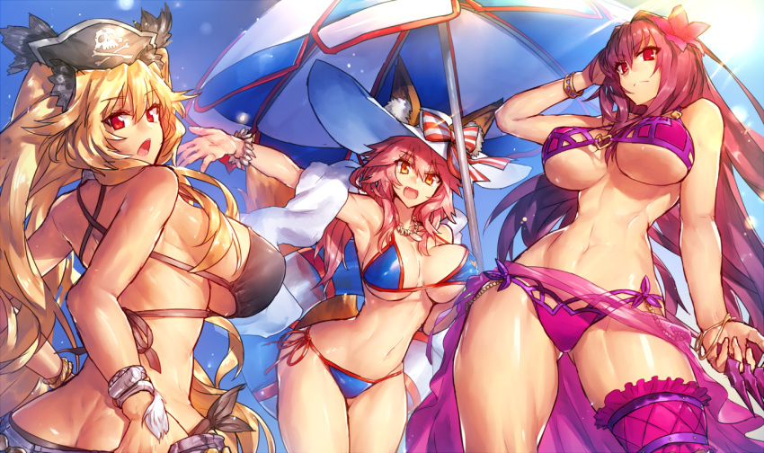3girls :d animal_ears anne_bonny_(fate/grand_order) armpits beach_umbrella bikini black_bikini blonde_hair blue_bikini bow bracelet breasts butt_crack caster_(fate/extra) cleavage cowboy_shot fate/grand_order fate_(series) flower fox_ears fox_girl fox_tail groin hair_flower hair_ornament hat hat_bow innertube jewelry large_breasts long_hair looking_at_viewer melon22 multiple_girls navel necklace open_mouth pink_hair pirate_hat purple_bikini purple_hair red_eyes sarong scathach_(fate/grand_order) side-tie_bikini sideboob skull_and_crossbones smile striped striped_bow swimsuit tail thick_thighs thighs twintails umbrella under_boob very_long_hair white_hat yellow_eyes