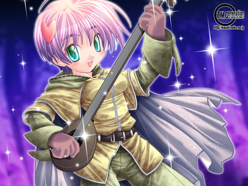 bard bard_(ragnarok_online) breasts crossdressing crossdressinging green_eyes guitar hair_ornament hairpin instrument ishihara_masumi laughing pink_hair ragnarok_online short_hair