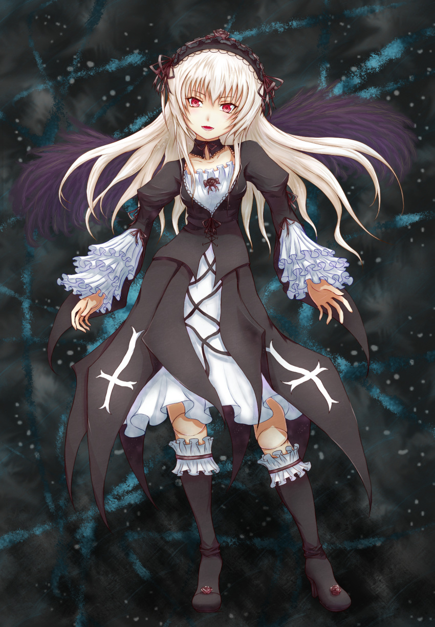 cross doll_joints dress flower frills hairband highres red_eyes rozen_maiden suigintou white_hair wings