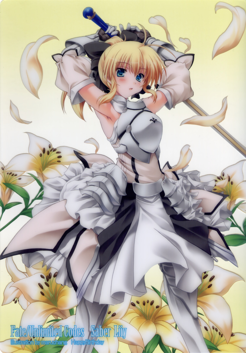 :o absurdres ahoge antenna_hair armor armored_dress armpits arms_up bare_shoulders blonde_hair blue_eyes blush caliburn detached_sleeves dress embarrassed engrish fate/stay_night fate/unlimited_codes fate_(series) flower gauntlets gloves greaves hair_ribbon happy_birthday_(artist) highres lily_(flower) looking_at_viewer maruchan. open_mouth petals ponytail ranguage ribbon saber saber_lily scan solo standing surprised sword weapon