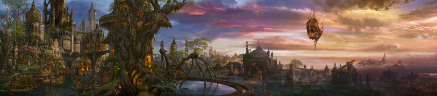 bridge castle city cityscape cloud clouds dragon fantasy flower glowing highres lights long_image moon moss no_humans original overgrown scenery sky statue tower tree treehouse ucchiey water waterfall wide_image
