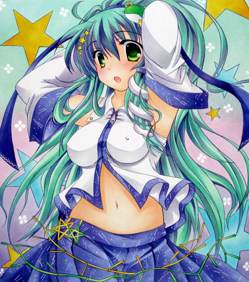 aqua_hair armpits bad_id breasts detached_sleeves erect_nipples fang green_eyes hair_ornament highres impossible_clothes impossible_shirt kochiya_sanae long_hair open_mouth shirt star touhou yuki_tsuki_sou zipper