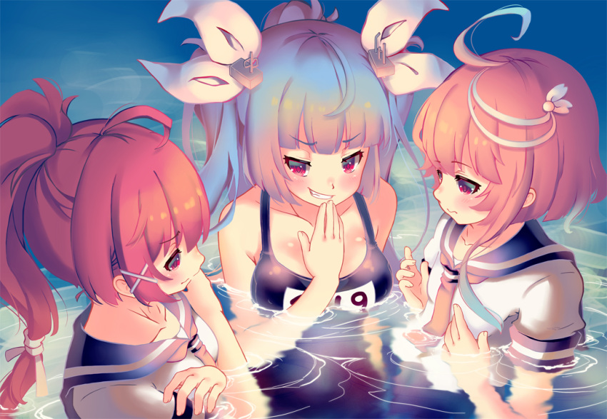 3girls blue_hair breast_envy fang grin hair_ornament hair_ribbon i-168_(kantai_collection) i-19_(kantai_collection) i-58_(kantai_collection) kantai_collection long_hair multiple_girls neckerchief one-piece_swimsuit pink_eyes pink_hair ponytail red_eyes redhead ribbon ripples sailor_collar school_swimsuit school_uniform serafuku short_hair smile swimsuit swimsuit_under_clothes symbol-shaped_pupils twintails water yumekii