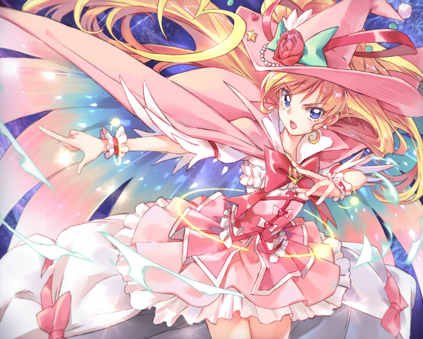 1girl :o alexandrite_style asahina_mirai bow cape cowboy_shot cure_miracle earrings flower frills gloves hat hat_flower highres jewelry looking_at_viewer magical_girl mahou_girls_precure! pink_bow pink_hat pink_skirt precure red_rose rose skirt solo tugo violet_eyes white_gloves witch_hat