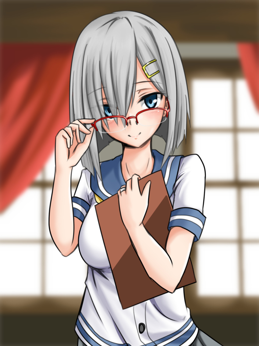 1girl alternate_hair_color bespectacled blue_eyes blush breasts bright_background buttons clipboard commentary_request curtains glasses grey_hair hair_ornament hair_over_one_eye hairclip hamakaze_(kantai_collection) hand_on_glasses highres jewelry kantai_collection large_breasts looking_at_viewer no_panties red-framed_eyewear ring sailor_collar school_uniform semi-rimless_glasses serafuku shirt short_hair short_sleeves skirt smile solo tachi_(mtd) wedding_band window