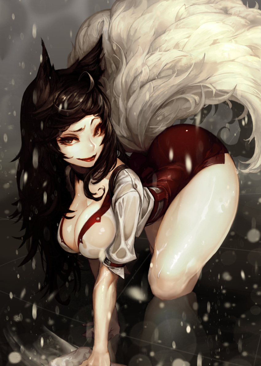 1girl ahri all_fours alternate_costume animal_ears bangs breasts brown_eyes brown_hair buttons choker cleaning cleaning_rag cleavage closed_mouth duto fox_ears fox_tail highres large_breasts league_of_legends lips lipstick long_hair looking_at_viewer makeup miniskirt multiple_tails pencil_skirt red_lips red_lipstick red_skirt shirt short_sleeves side_slit skirt smile solo tail water_drop wet wet_clothes