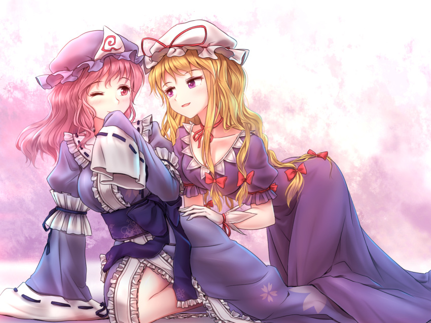 2girls :d ;) all_fours arm_garter arm_support bare_legs blonde_hair blue_dress blue_hat blush bow breasts closed_mouth collarbone dress eye_contact frilled_dress frilled_shirt_collar frilled_sleeves frills hair_bow hand_on_another's_hip hand_to_own_mouth hands_in_sleeves hat hat_ornament hat_ribbon head_tilt juliet_sleeves long_hair long_sleeves looking_at_another looking_back low-tied_long_hair medium_breasts minust mob_cap multiple_girls one_eye_closed open_mouth puffy_short_sleeves puffy_sleeves purple_dress red_bow ribbon ribbon-trimmed_collar ribbon-trimmed_sleeves ribbon_trim saigyouji_yuyuko short_sleeves smile touhou triangular_headpiece very_long_hair wavy_hair white_hat wide_sleeves yakumo_yukari yuri