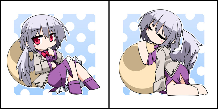 1girl blush chibi closed_eyes covering_mouth cushion eyebrows eyebrows_visible_through_hair hemogurobin_a1c jacket kishin_sagume kneeling looking_at_viewer open_clothes open_jacket red_eyes silver_hair single_wing sitting solo touhou wings