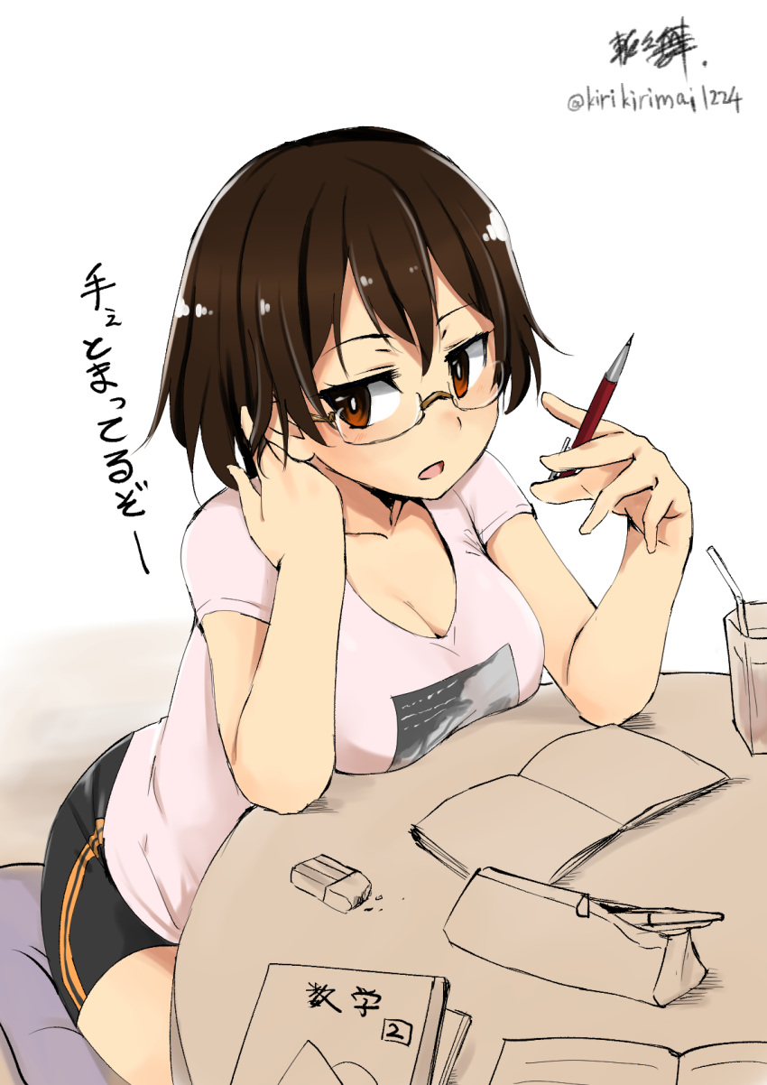 1girl black_hair breast_rest breasts brown_eyes cleavage drink eraser glasses highres kirikirimai_(kkm) large_breasts mechanical_pencil notebook open_mouth original pencil pencil_case shirt shorts solo straw t-shirt