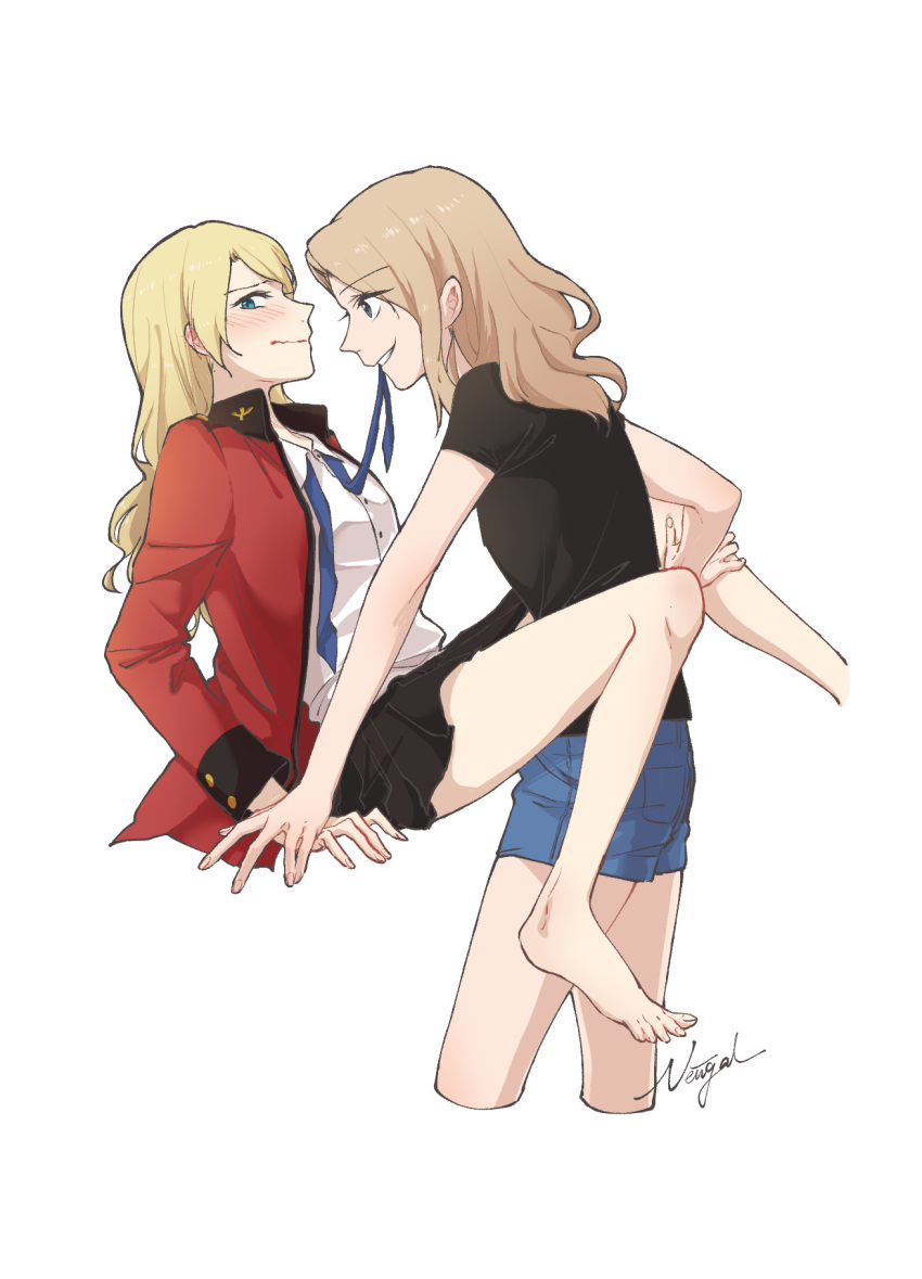 2girls alternate_hairstyle arm_support artist_name barefoot between_legs blonde_hair blush cropped_legs darjeeling denim denim_shorts from_side girls_und_panzer hair_down hand_on_another's_leg highres kay_(girls_und_panzer) long_hair looking_to_the_side loose_necktie mouth_hold multiple_girls necktie neiigal profile shorts signature skirt uniform wavy_mouth white_background yuri
