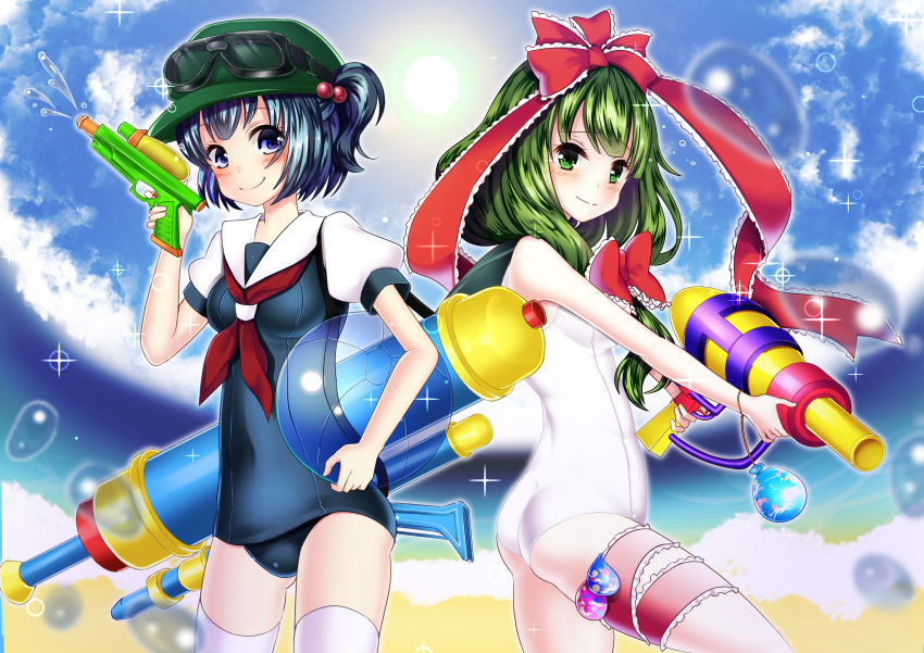 2girls absurdres ascot ass awasete0 ball bare_shoulders beachball blue_eyes blue_hair blue_sky blue_swimsuit blush bow breasts clouds cloudy_sky embarrassed eyebrows eyebrows_visible_through_hair from_side front_ponytail green_eyes green_hair hair_bobbles hair_bow hair_ornament hair_ribbon hat highres holding kagiyama_hina kawashiro_nitori leg_ribbon long_hair looking_at_viewer medium_breasts multiple_girls old_school_swimsuit one-piece_swimsuit puffy_short_sleeves puffy_sleeves ribbon school_swimsuit short_hair short_sleeves short_twintails sky smile sparkle sun swimsuit touhou twintails two_side_up water water_balloon water_drop water_gun white_school_swimsuit white_swimsuit