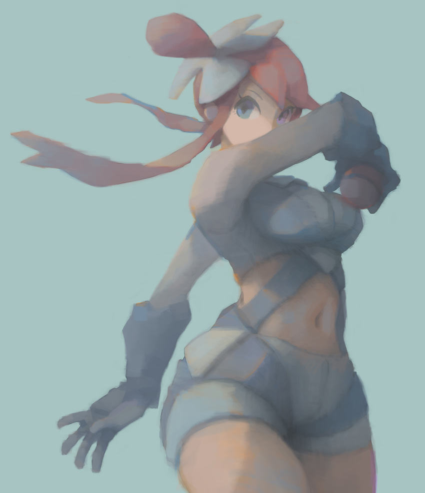 1girl arm_up blue_background blue_eyes breasts cowboy_shot fuuro_(pokemon) gloves gym_leader hair_ornament highres holding holding_poke_ball liba_(leo8d) long_hair long_sleeves looking_at_viewer medium_breasts midriff navel poke_ball pokemon pokemon_(game) pokemon_bw redhead shorts simple_background solo